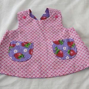 Reversible infant dress, hat and pants set. Strawberries. Size 0-3mos